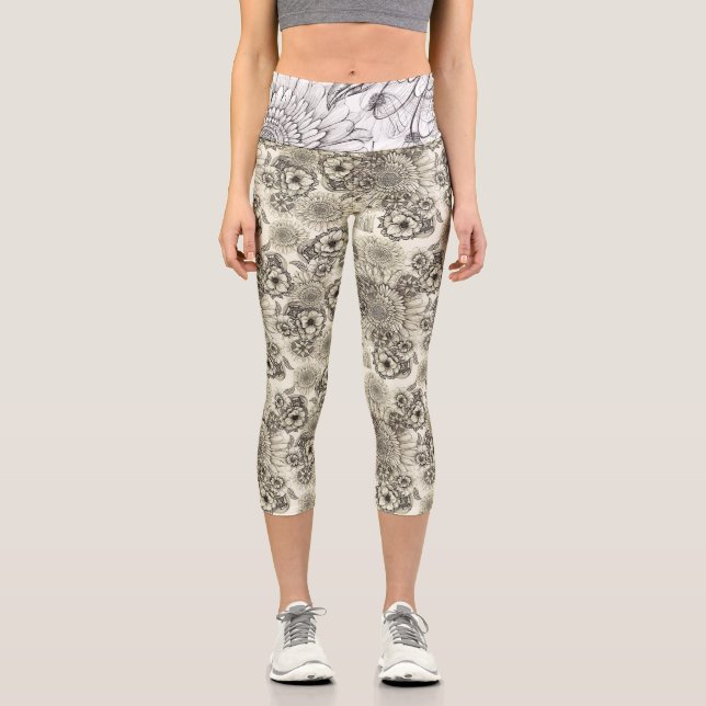 Leggings Capri Dibujo de líneas del conjunto de flores (Anverso)