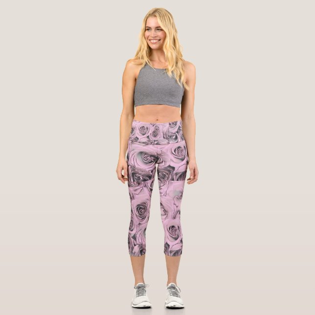 Leggings Capri Dibujo de rosas rosadas (Anverso)