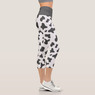 Leggings Capri Dibujo de vaca estampada en negro y blanco lindo