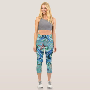 Leggings Capri Diferentes tipos de conchas tropicales pintura azu
