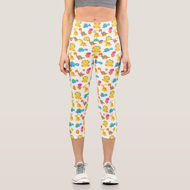 Leggings Capri Dinosaurios Cutos, Patrón De Dinosaurios, Dino Beb (Anverso)