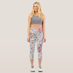 Leggings Capri Diseño artístico floral rosa y verde