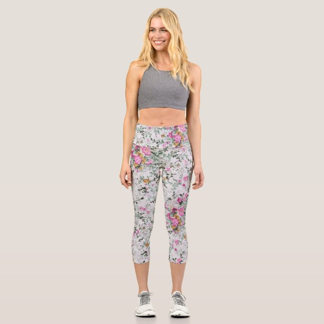 Leggings Capri Diseño artístico floral rosa y verde (Anverso)