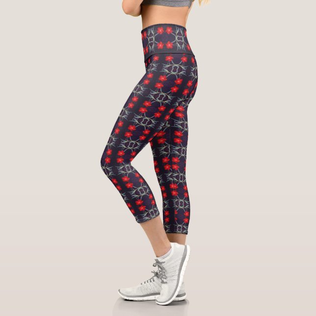Leggings Capri Diseño con flores y hojas rojas (Izquierda)
