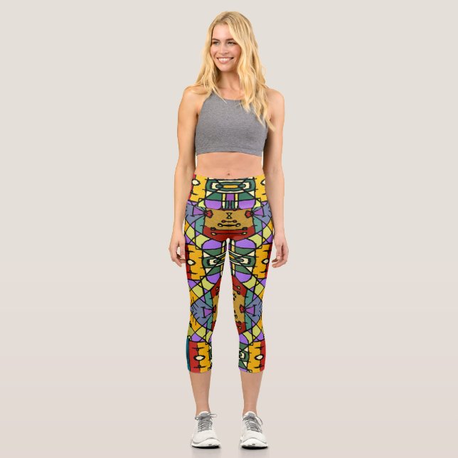 Leggings Capri Diseño de caja cuadrada geométrica de mosaico (Anverso)