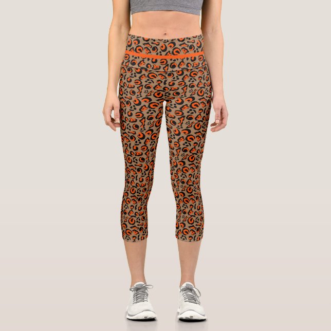Leggings Capri Diseño de impresión de leopardo negro naranja (Anverso)
