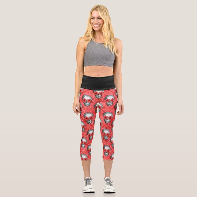 Leggings Capri Diseño de la serie de cráneos rojos y girasoles 13 (Anverso)