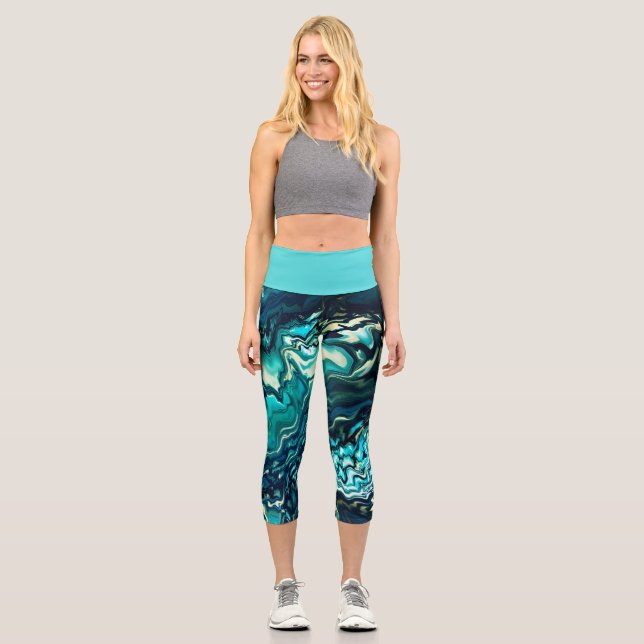Leggings Capri Diseño de Paint Pour de Swift azul turquesa (Anverso)