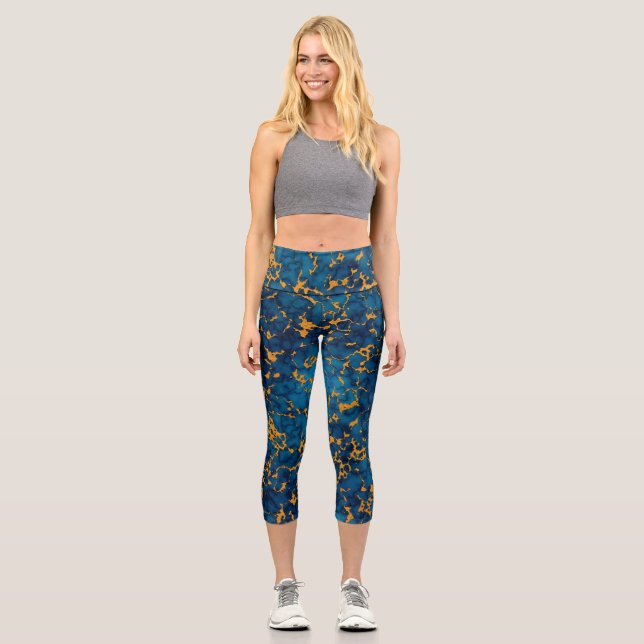 Leggings Capri Diseño de textura de mármol azul y oro de zafiro (Anverso)