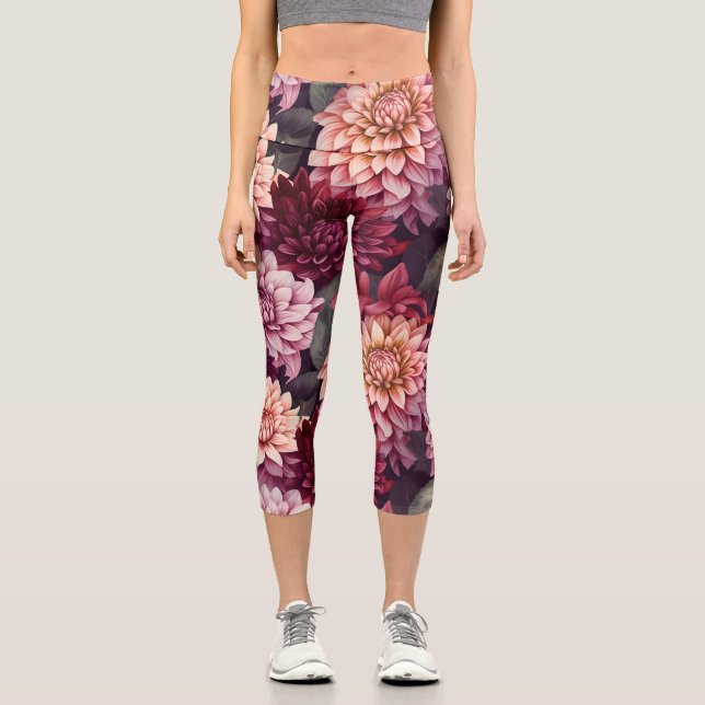 Leggings Capri Diseño del patrón Dahlia rosa rojo acuarela (Anverso)