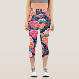Leggings Capri Diseño del patrón de Rosas de Naranja rosado rojo