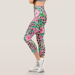 Leggings Capri Diseño elegante Leopard Print & Floral Paint Pain