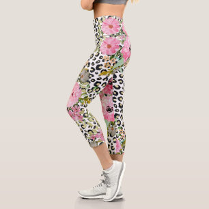 Leggings Capri Diseño Floral y Estampado de Leopardo Elegante