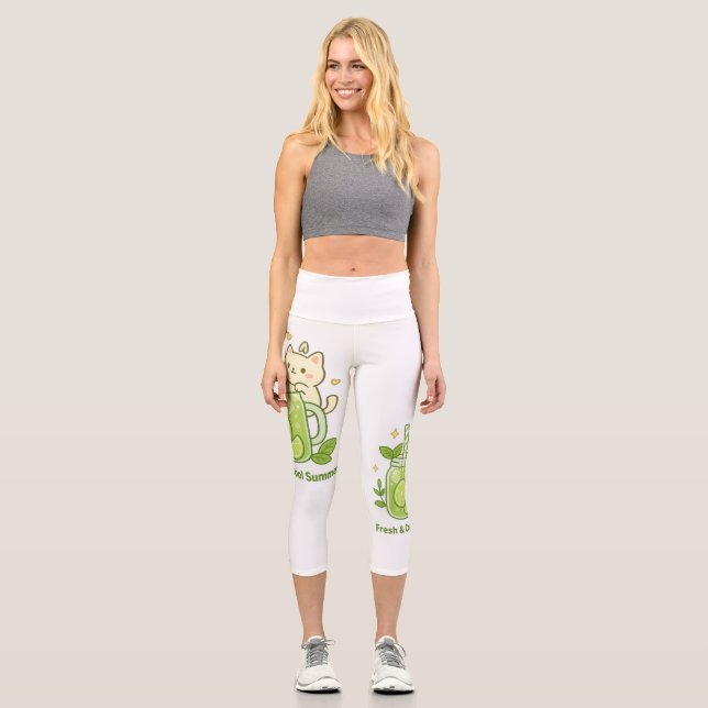 Leggings Capri Diseño Kawaii de Jugo de Lime Fresco y Gato Cuto (Anverso)