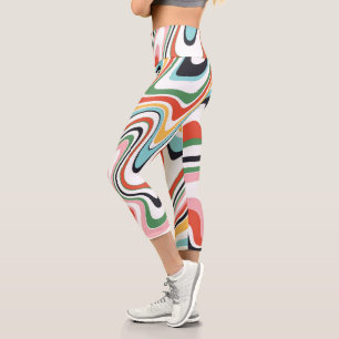 Leggings Capri Diseño moderno de líneas onduladas retro coloridas