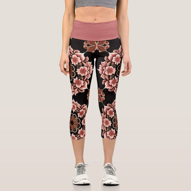 Leggings Capri Diseño Oriental Rosa y Negro (Anverso)