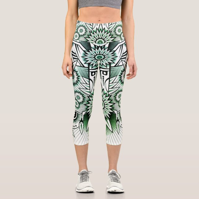 Leggings Capri Diseño tribal de tonos verdes (Anverso)