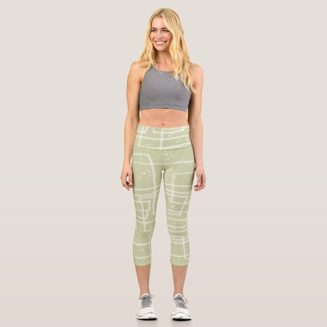 Leggings Capri divertida línea abstracta pale jade verde y blanco (Anverso)