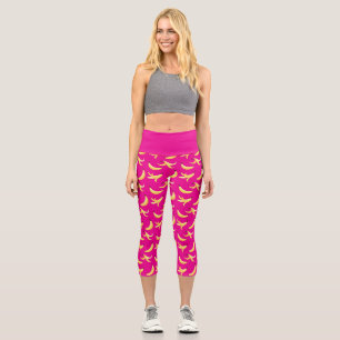 Leggings Capri Divertido patrón de plátano amarillo retro editabl