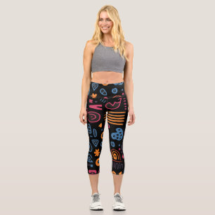 Leggings Capri Doodle Tribal Abstracto Neon Geométrico Negro