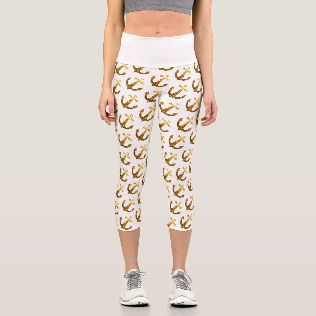 Leggings Capri Dorado brillo falso purpurina patrón de ancla blan (Anverso)