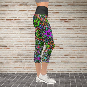Leggings Capri Dot Mandala Flor Verde Púrpura y Naranja