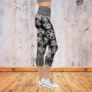 Leggings Capri Dot Mandala Flores Gris y Negro