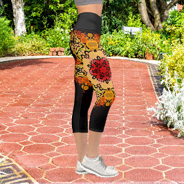 Leggings Capri Dot Mandala Naranja de flores amarillo y rojo