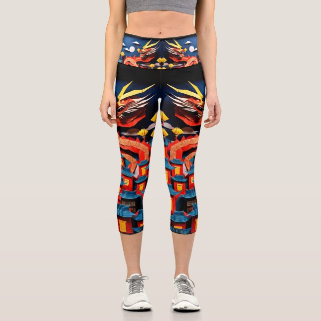 Leggings Capri Dragón de Año Nuevo Chino lindo Origami HWCL3 (Anverso)