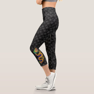 Leggings Capri Dragón negro escala con dragón de oro