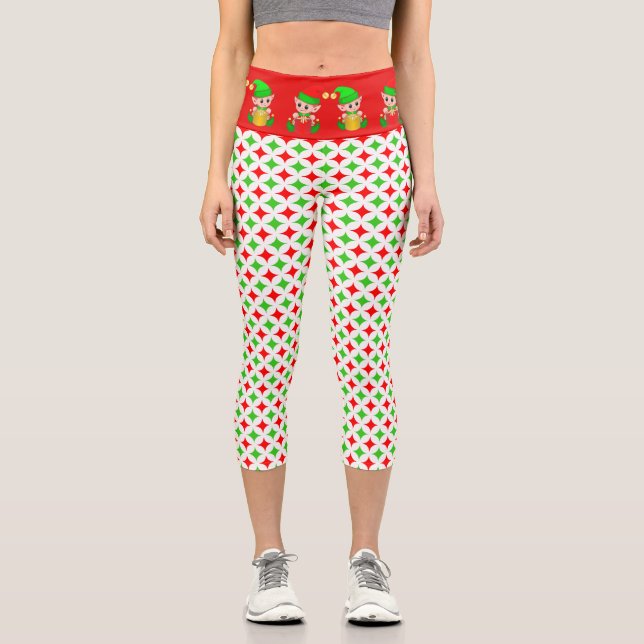Leggings Capri Duende de Navidad con patrón de diamante estrella  (Anverso)