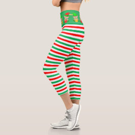 Leggings Capri Duende de Navidad y rayas verdes, rojas y blancas