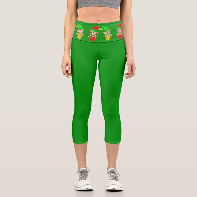 Leggings Capri Duendes de Navidad en verde (Anverso)