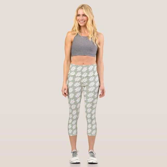 Leggings Capri Elder Leaf Pattern White on Green (Anverso)