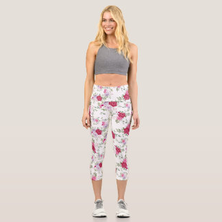 Leggings Capri Elegant Burgundy & Lavender Floral Rose Pattern