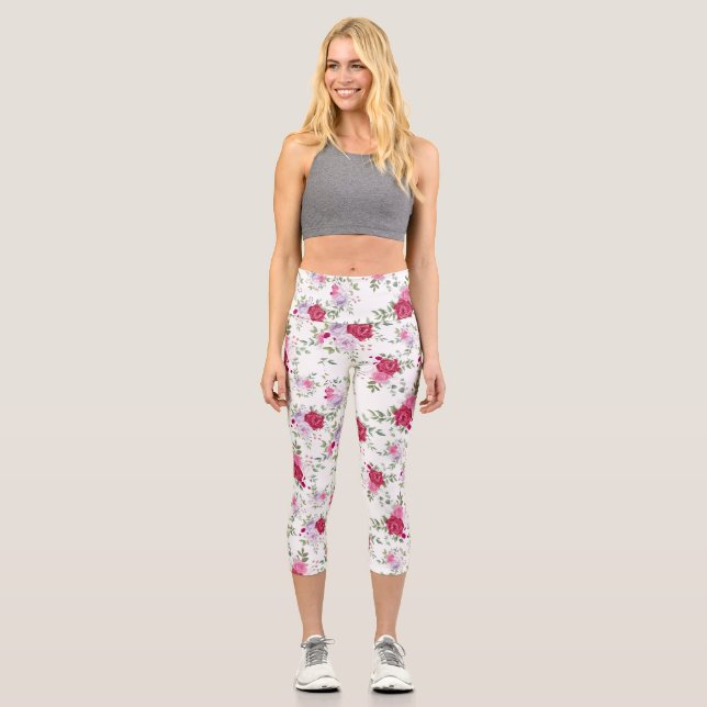 Leggings Capri Elegant Burgundy & Lavender Floral Rose Pattern (Anverso)