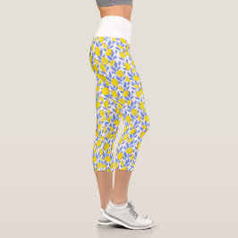 Leggings Capri Elegant French Country Lemon Blue Botanical