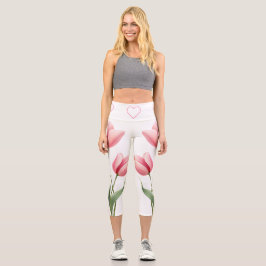 Leggings Capri Elegant Pink Tulips Floral and Heart Mom Gift 