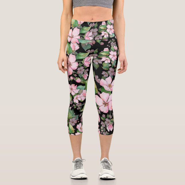 Leggings Capri Elegante acuarela rosa Floral Moda moderna (Anverso)