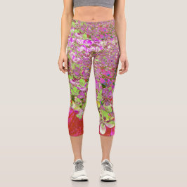 Leggings Capri Elegante Chartreuse Verde, Rosa y Azul Hydrangea
