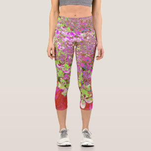 Leggings Capri Elegante Chartreuse Verde, Rosa y Azul Hydrangea