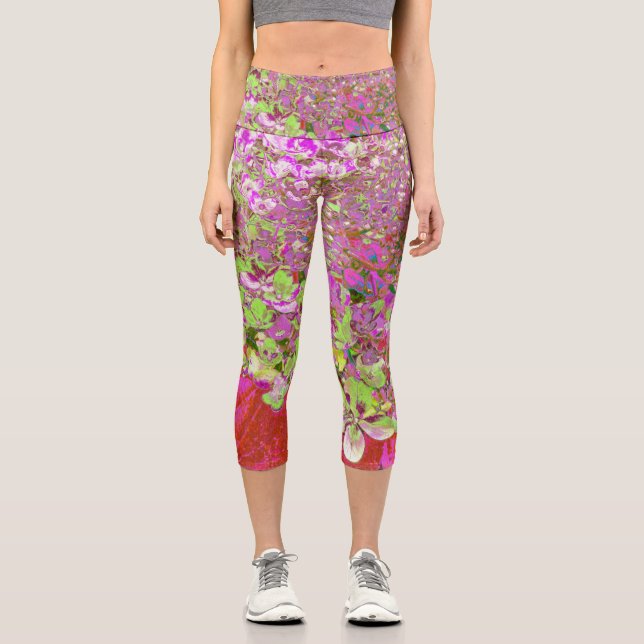 Leggings Capri Elegante Chartreuse Verde, Rosa y Azul Hydrangea (Anverso)