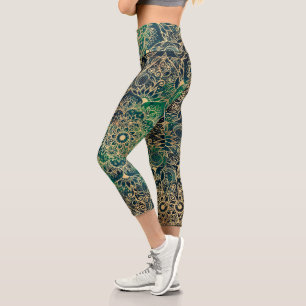Leggings Capri Elegante dorado Mandala Floral Verde Azul