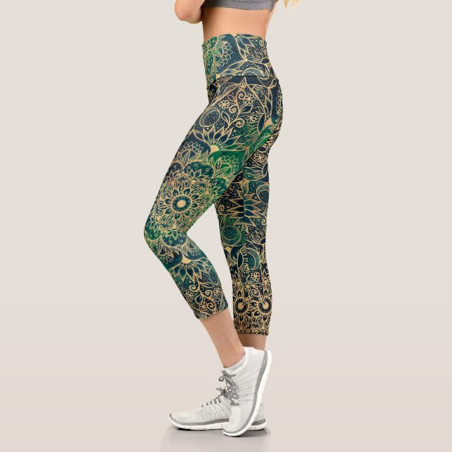 Leggings Capri Elegante dorado Mandala Floral Verde Azul (Izquierda)