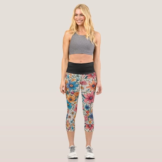 Leggings Capri Elegante elegante Patrón floral azul rojo amarillo (Anverso)
