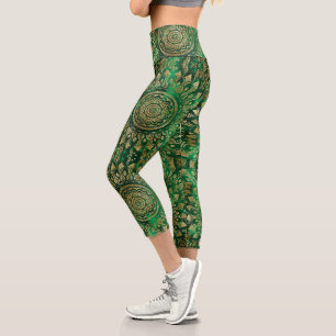 Leggings Capri Elegante Gold Green Mandala Floral 