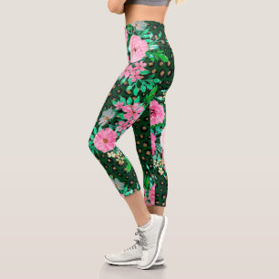 Leggings Capri Elegante Leopard Print & Pink Floral Green design