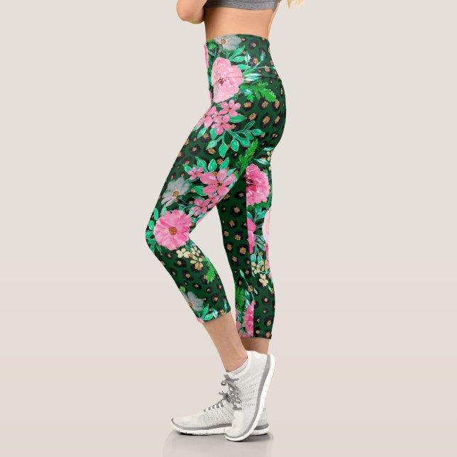 Leggings Capri Elegante Leopard Print Pink Floral Green Design (Izquierda)
