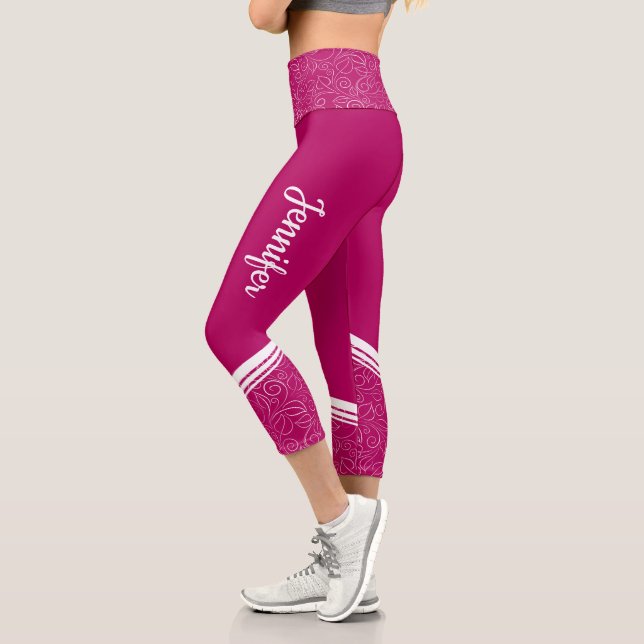 Leggings Capri Elegante magenta oscura floral rayas blancas y nom (Izquierda)