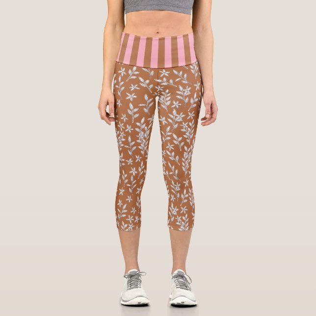 Leggings Capri Elegante Marrón Floral Y Rosa De Alta Desorientaci (Anverso)